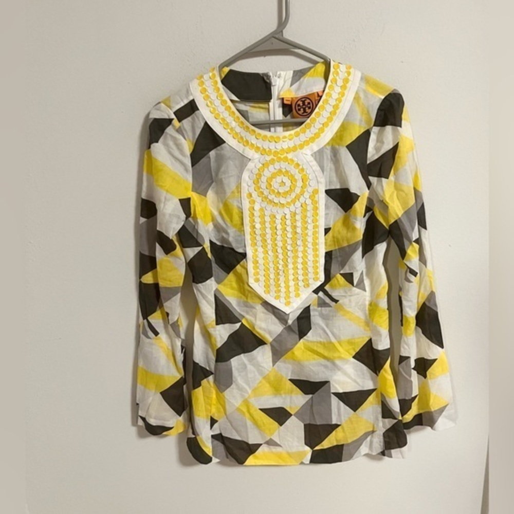 Tory Burch Yellow White Gray Lightweight Sequin Embellished Tunic Top